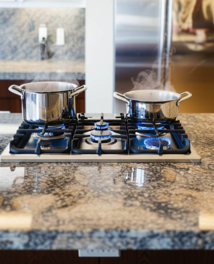 Wolf cooktop on a light oak kitchen island